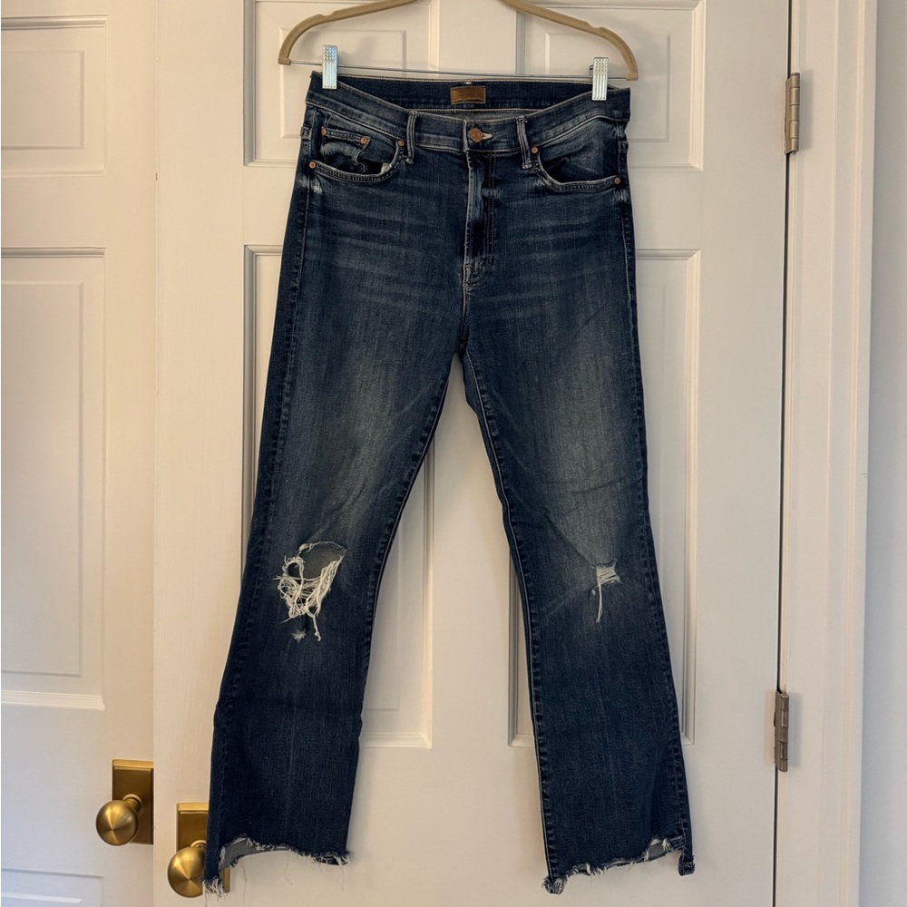 MOTHER Blue Straight Leg Jeans with Distressed Details